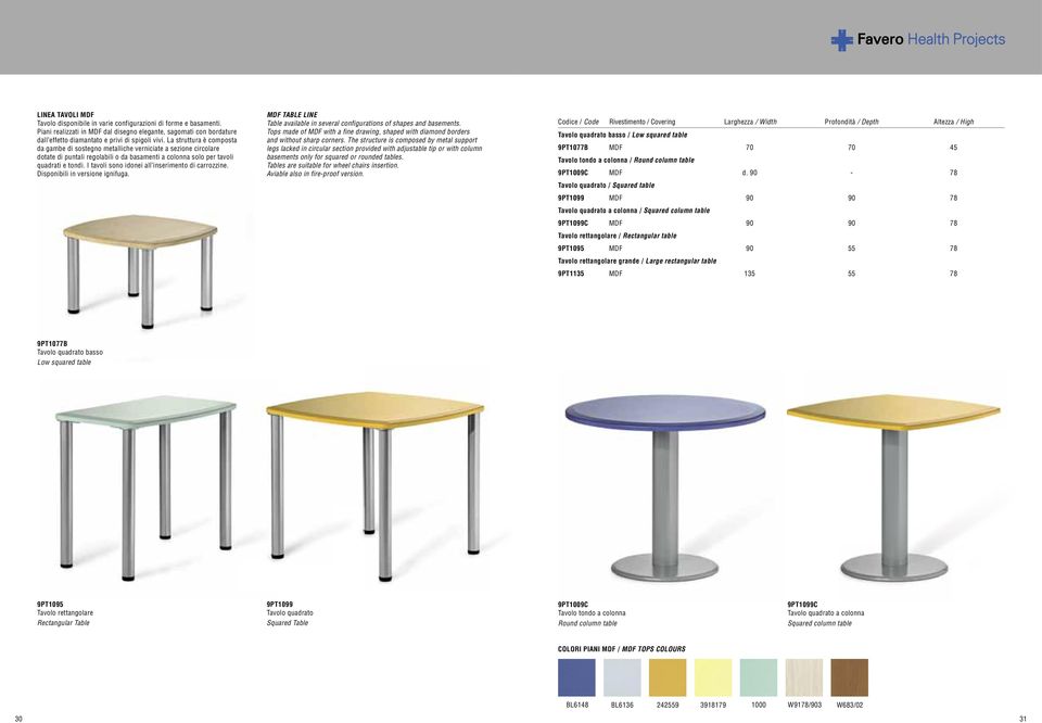 I tavoli sono idonei all inserimento di carrozzine. Disponibili in versione ignifuga. MDF TABLE LINE Table available in several configurations of shapes and basements.