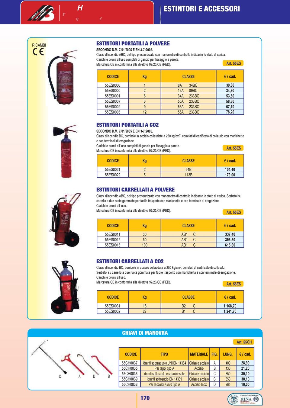 55ES Kg CLASSE 55ES0006 55ES0000 55ES000 55ES0007 55ES000 55ES0003 6 6 9 8A 3A 34A 55A 55A 55A 34C 89C 33C 33C 33C 33C,60 34,90 53, 58, 67, 78,0 ESTINTORI PORTATILI A CO SECONDO D.M.