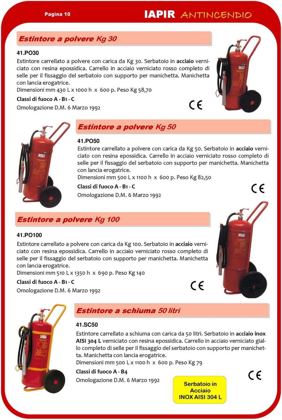 Peso Kg 58,70 Classi di fuoco A - B1 - C Omologazione D.M. 6 Marzo 1992 Estintore a polvere Kg 50 41.PO50 Estintore carrellato a polvere con carica da Kg 50.