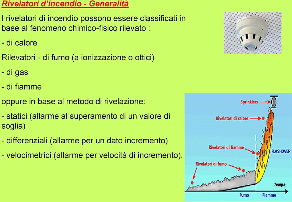 - di fiamme oppure in base al metodo di rivelazione: - statici (allarme al superamento di un valore di