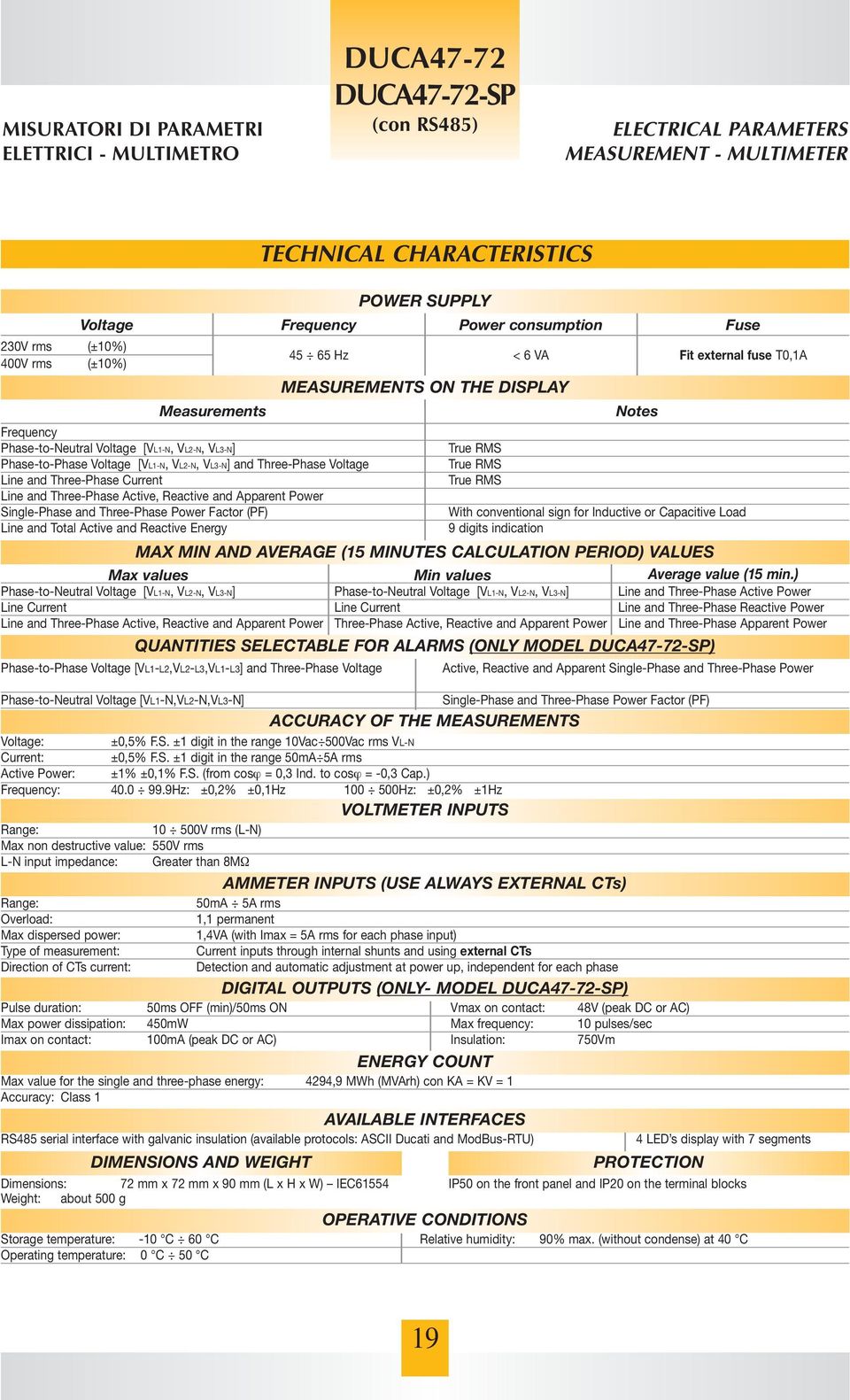 RMS Phase-to-Phase Voltage [VL1-N, VL2-N, VL3-N] and Three-Phase Voltage True RMS Line and Three-Phase Current True RMS Line and Three-Phase Active, Reactive and Apparent Power Single-Phase and