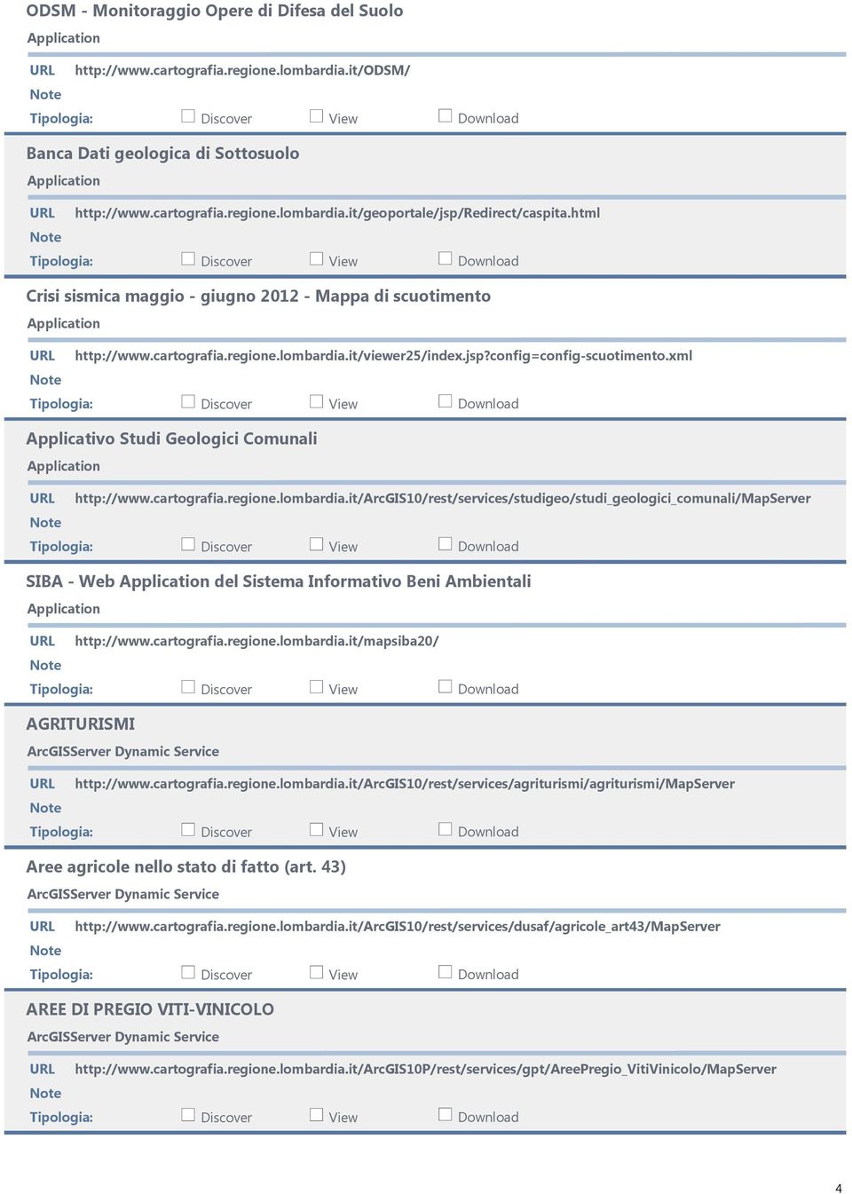 xml Applicativo Studi Geologici Comunali /ArcGIS10/rest/services/studigeo/studi_geologici_comunali/MapServer SIBA - Web del Sistema Informativo Beni Ambientali