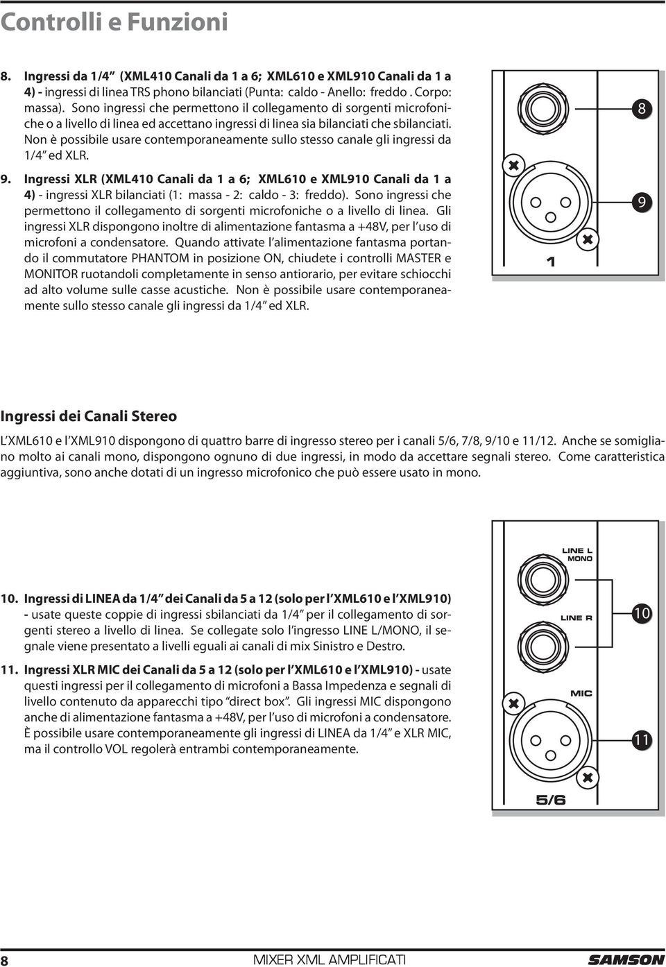 Non è possibile usare contemporaneamente sullo stesso canale gli ingressi da 1/4 ed XLR. 9.