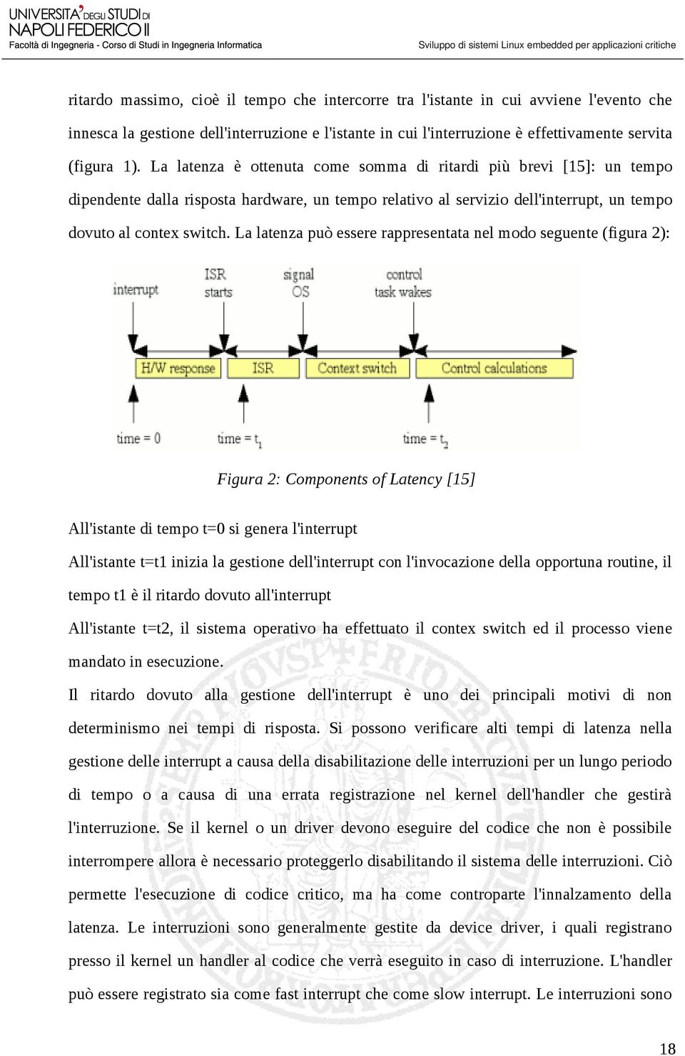 La latenza può essere rappresentata nel modo seguente (figura 2): Figura 2: Components of Latency [15] All'istante di tempo t=0 si genera l'interrupt All'istante t=t1 inizia la gestione