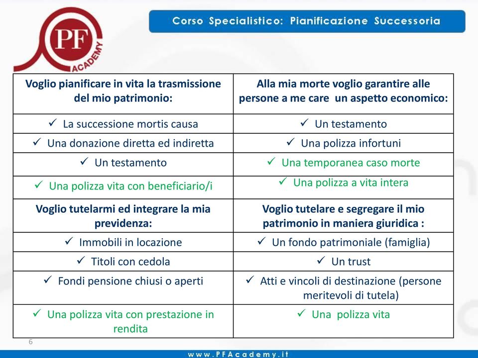 rendita Alla mia morte voglio garantire alle persone a me care un aspetto economico: Un testamento Una polizza infortuni Una temporanea caso morte Una polizza a vita intera