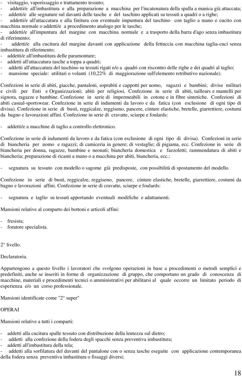 normale o addetti/e a procedimento analogo per le tasche; - addetti/e all'impuntura del margine con macchina normale e a trasporto della barra d'ago senza imbastitura di riferimento; - addetti/e alla