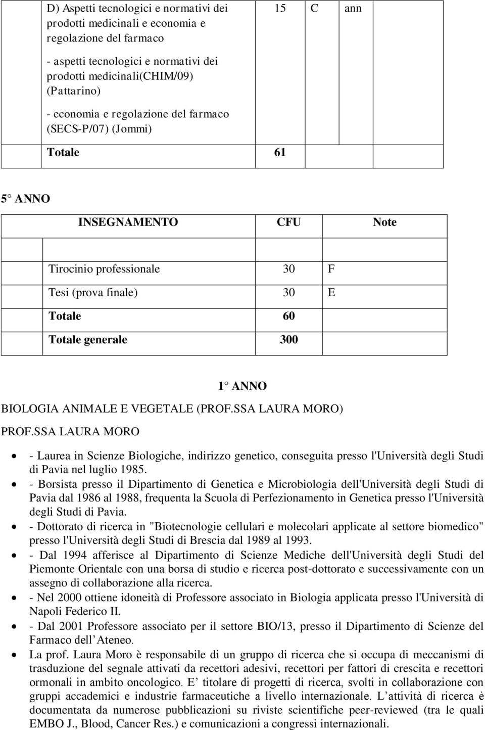 VEGETALE (PROF.SSA LAURA MORO) PROF.SSA LAURA MORO - Laurea in Scienze Biologiche, indirizzo genetico, conseguita presso l'università degli Studi di Pavia nel luglio 1985.