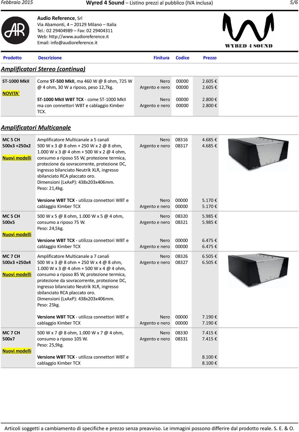 Amplificatori Multicanale MC 5 CH 500x3 +250x2 Amplificatore Multicanale a 5 canali 500 W x 3 @ 8 ohm + 250 W x 2 @ 8 ohm, 1.