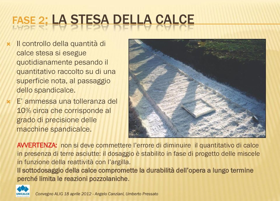 AVVERTENZA: non si deve commettere l errore di diminuire il quantitativo di calce in presenza di terre asciutte: il dosaggio è stabilito in fase di progetto