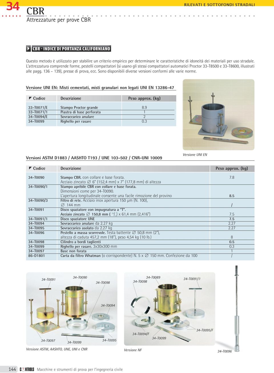 stradale. L attrezzatura comprende forme, pestelli compattatori (si usano gli stessi compattatori automatici Proctor 33-T8500 e 33-T8600, illustrati alle pagg. 136 139), presse di prova, ecc.