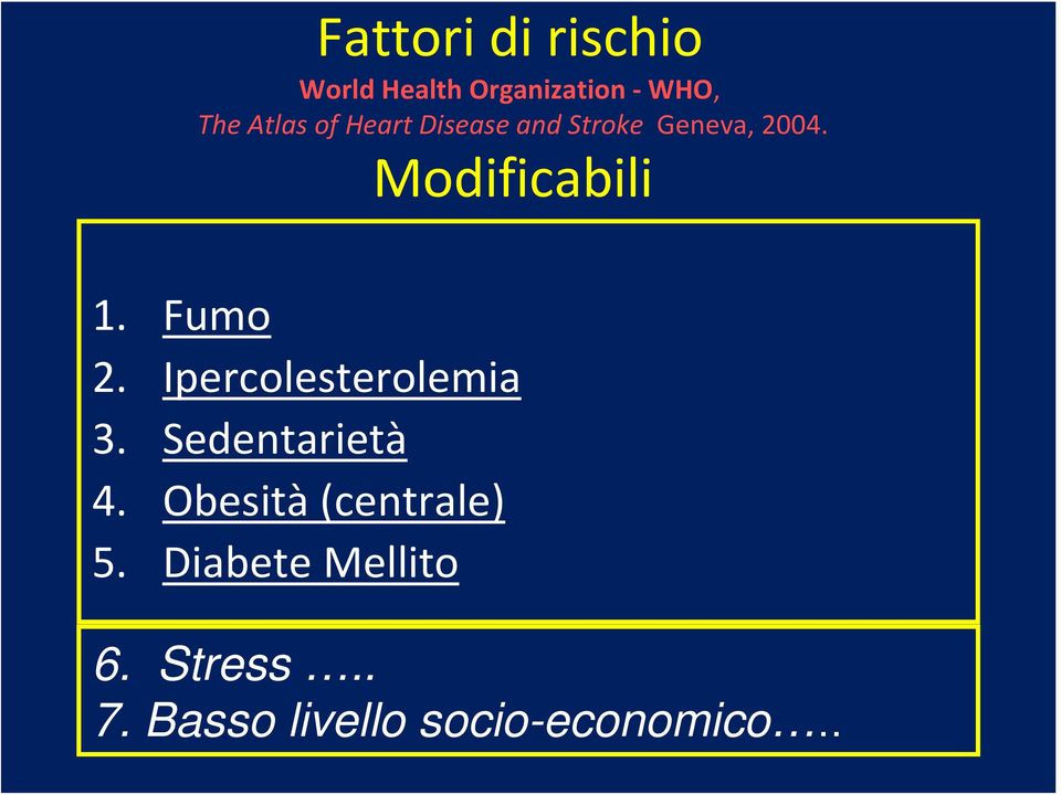 Fumo 2. Ipercolesterolemia 3. Sedentarietà 4.