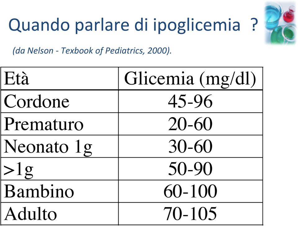 Età Glicemia (mg/dl) Cordone 45-96 Prematuro