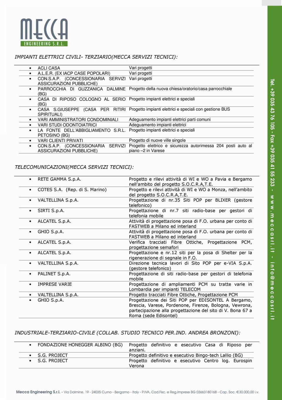 GIUSEPPE (CASA PER RITIRI Progetto impianti elettrici e speciali con gestione BUS SPIRITUALI) VARI AMMINISTRATORI CONDOMINIALI Adeguamento impianti elettrici parti comuni VARI STUDI ODONTOIATRICI