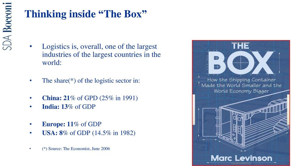 logistic sector in: China: 21% of GPD (25% in 1991) India: 13% of GDP