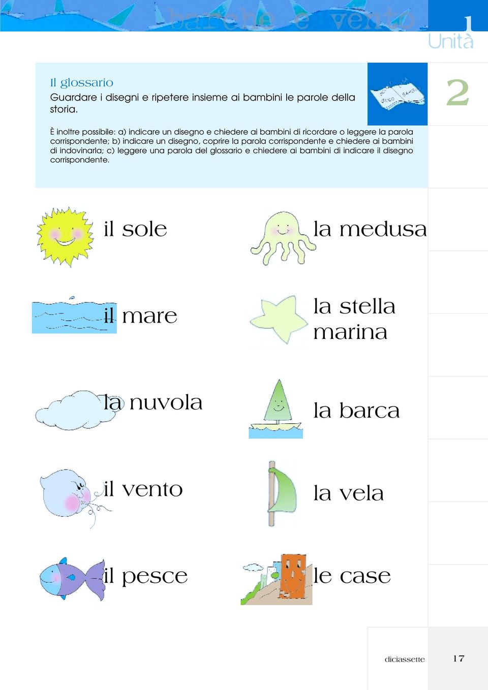 un disegno, coprire la parola corrispondente e chiedere ai bambini di indovinarla; c) leggere una parola del glossario e