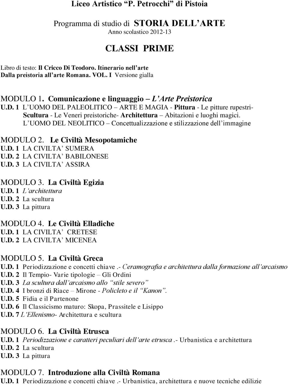 La Civiltà Egizia U.D. 1 L architettura U.D. 2 La scultura U.D. 3 La pittura MODULO 4. Le Civiltà Elladiche U.D. 1 LA CIVILTA CRETESE U.D. 2 LA CIVILTA MICENEA MODULO 5. La Civiltà Greca U.D. 1 Periodizzazione e concetti chiave.