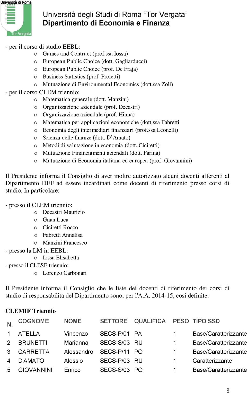 Decastri) o Organizzazione aziendale (prof. Hinna) o Matematica per applicazioni economiche (dott.ssa Fabretti o Economia degli intermediari finanziari (prof.