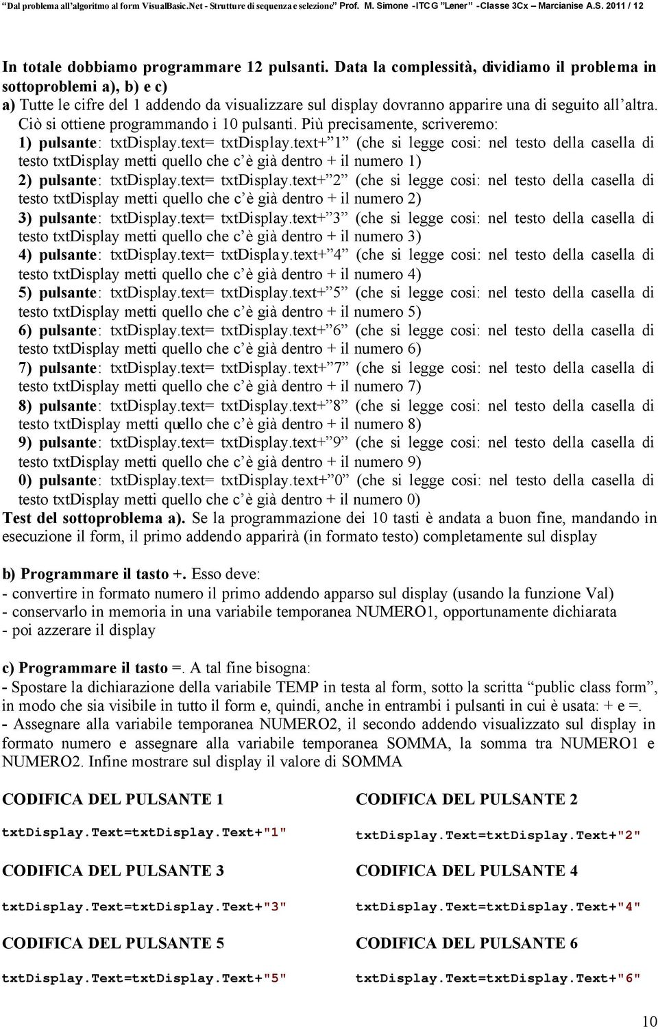 Ciò si ottiene programmando i 10 pulsanti. Più precisamente, scriveremo: 1) pulsante: txtdisplay.text= txtdisplay.