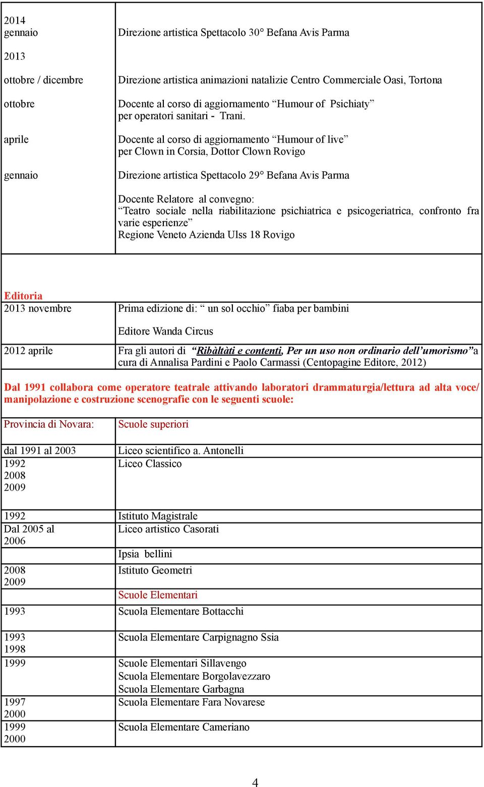 Docente al corso di aggiornamento Humour of live per Clown in Corsia, Dottor Clown Rovigo Direzione artistica Spettacolo 29 Befana Avis Parma Docente Relatore al convegno: Teatro sociale nella