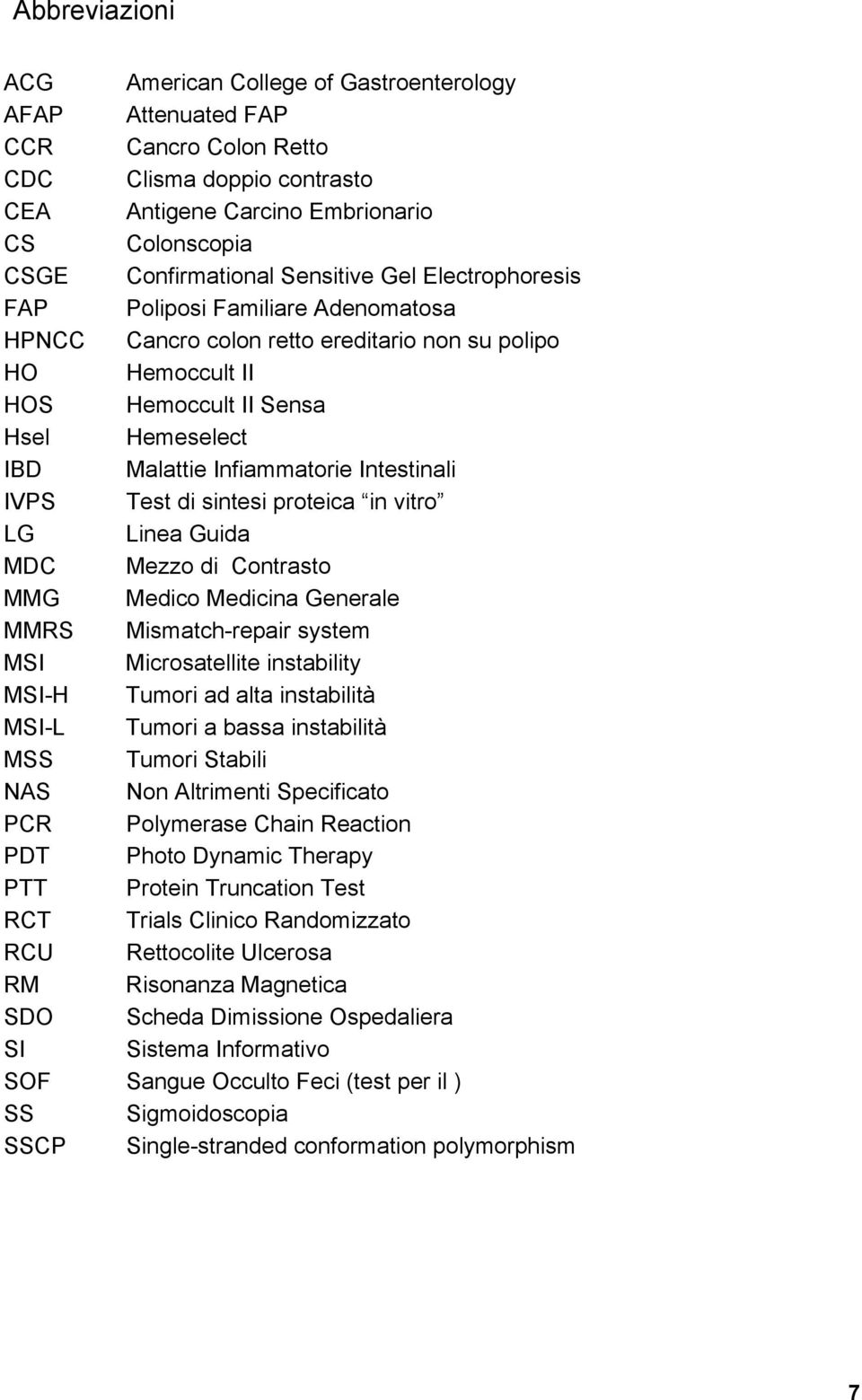 Intestinali IVPS Test di sintesi proteica in vitro LG Linea Guida MDC Mezzo di Contrasto MMG Medico Medicina Generale MMRS Mismatch-repair system MSI Microsatellite instability MSI-H Tumori ad alta