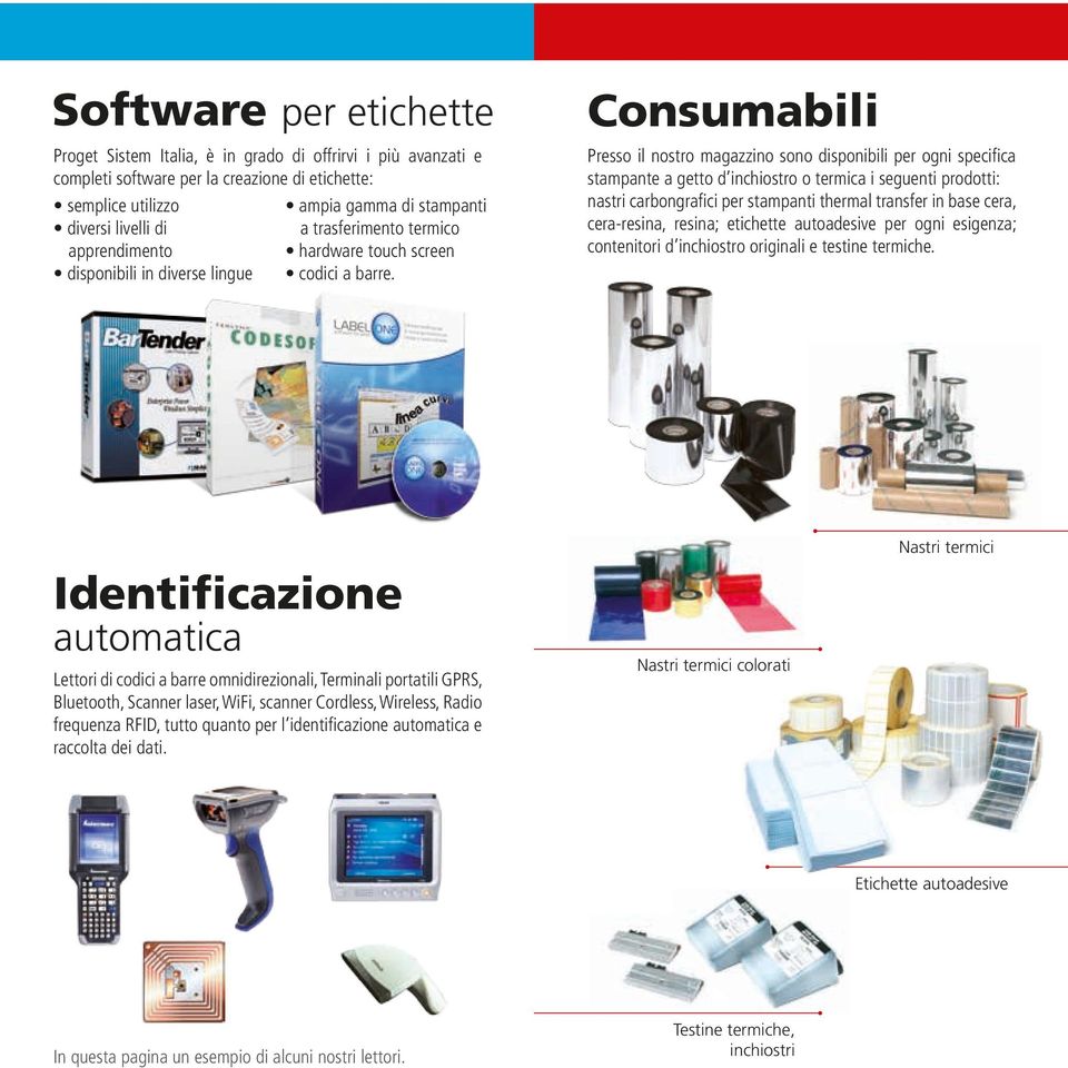 Consumabili Presso il nostro magazzino sono disponibili per ogni specifica stampante a getto d inchiostro o termica i seguenti prodotti: nastri carbongrafici per stampanti thermal transfer in base