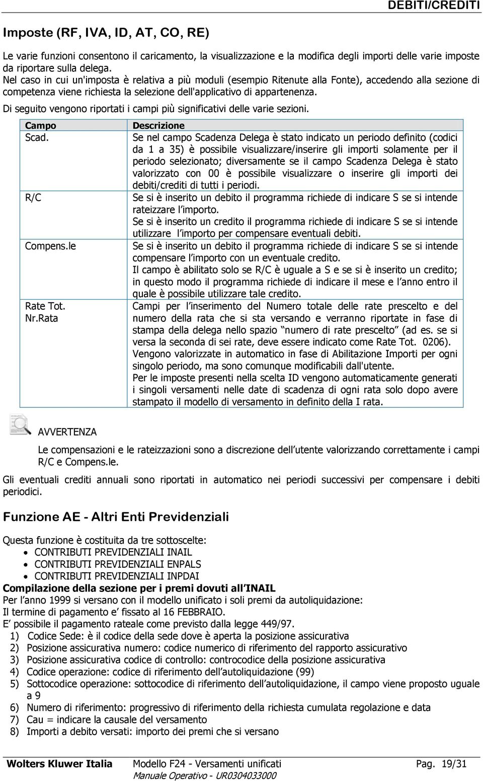 Di seguito vengono riportati i campi più significativi delle varie sezioni. Campo Scad. R/C Compens.le Rate Tot. Nr.