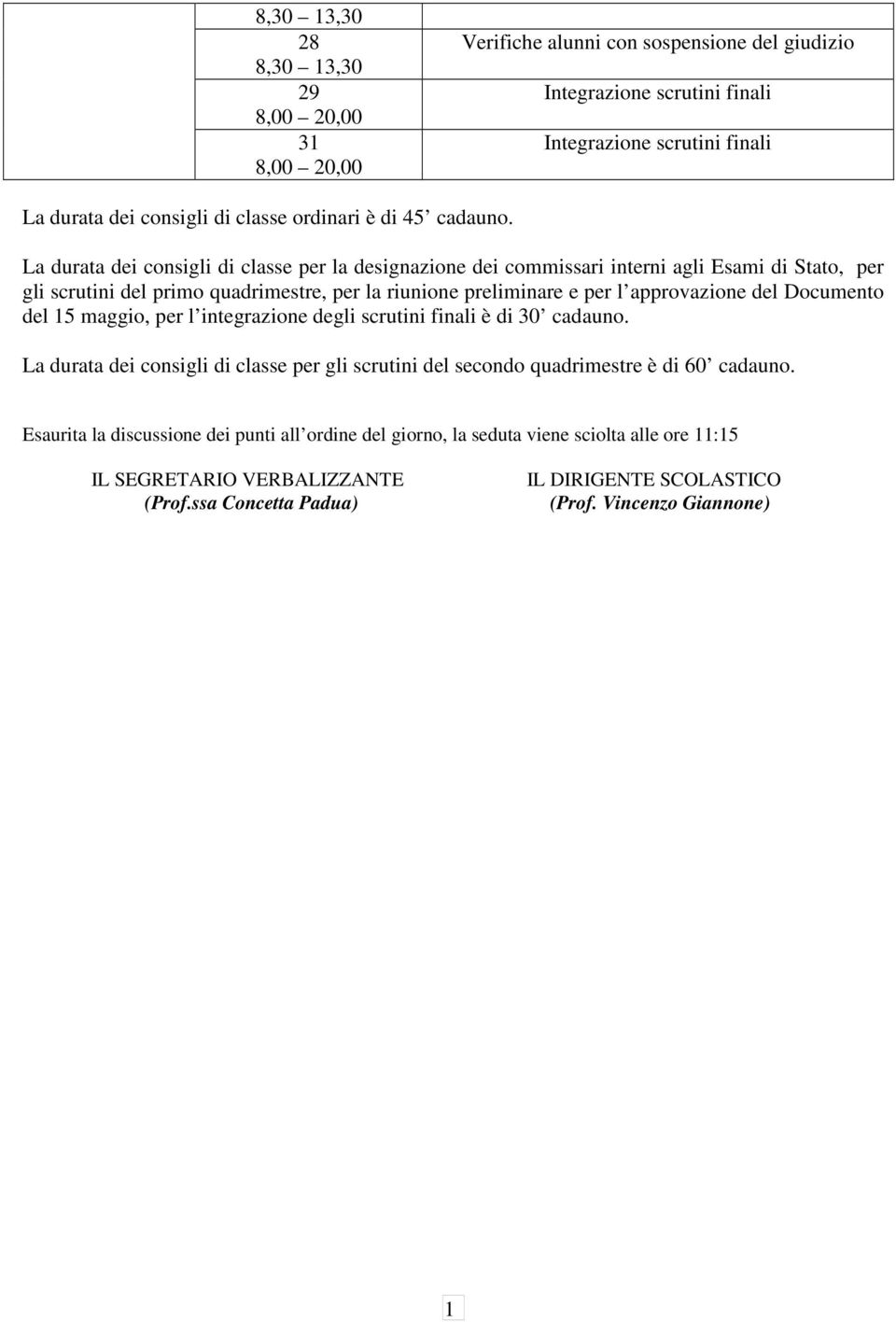 La durata dei consigli di classe per la designazione dei commissari interni agli Esami di Stato, per gli scrutini del primo quadrimestre, per la riunione preliminare e per l approvazione del