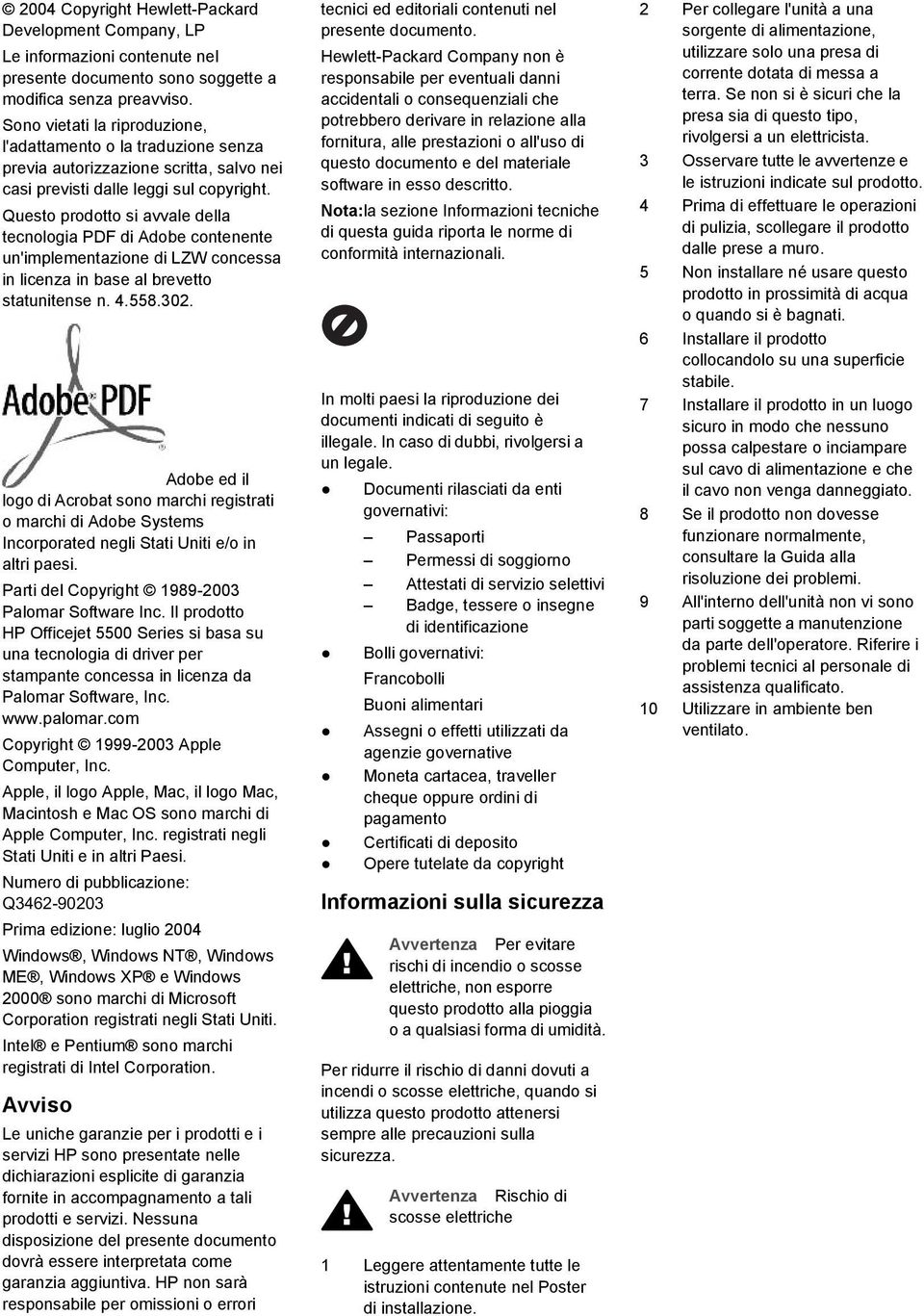 Questo prodotto si avvale della tecnologia PDF di Adobe contenente un'implementazione di LZW concessa in licenza in base al brevetto statunitense n. 4.558.302.