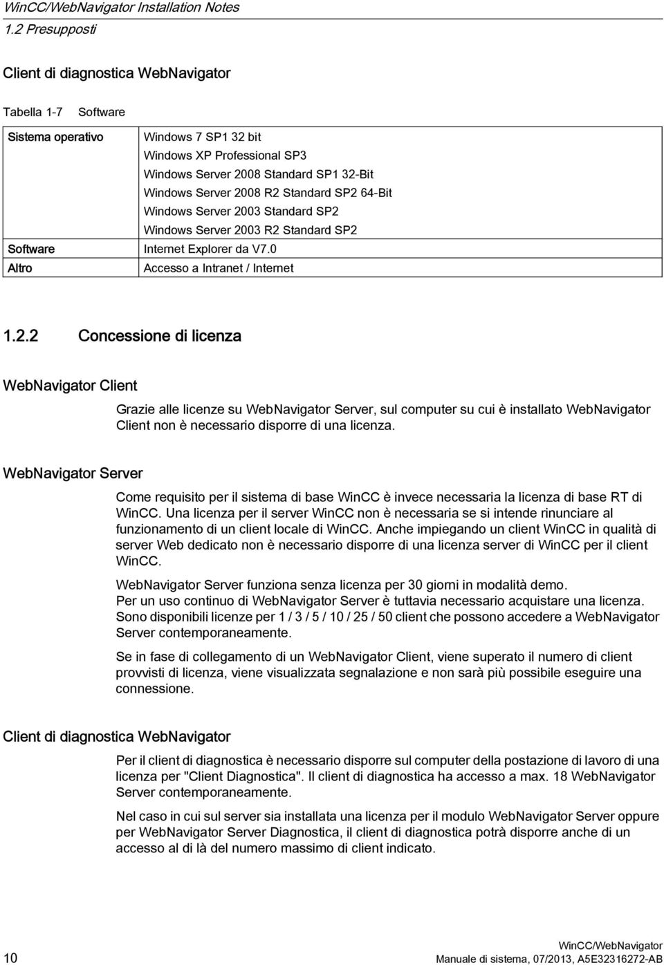 Standard SP2 64-Bit Windows Server 2003 Standard SP2 Windows Server 2003 R2 Standard SP2 Software Internet Explorer da V7.0 Altro Accesso a Intranet / Internet 1.2.2 Concessione di licenza WebNavigator Client Grazie alle licenze su WebNavigator Server, sul computer su cui è installato WebNavigator Client non è necessario disporre di una licenza.