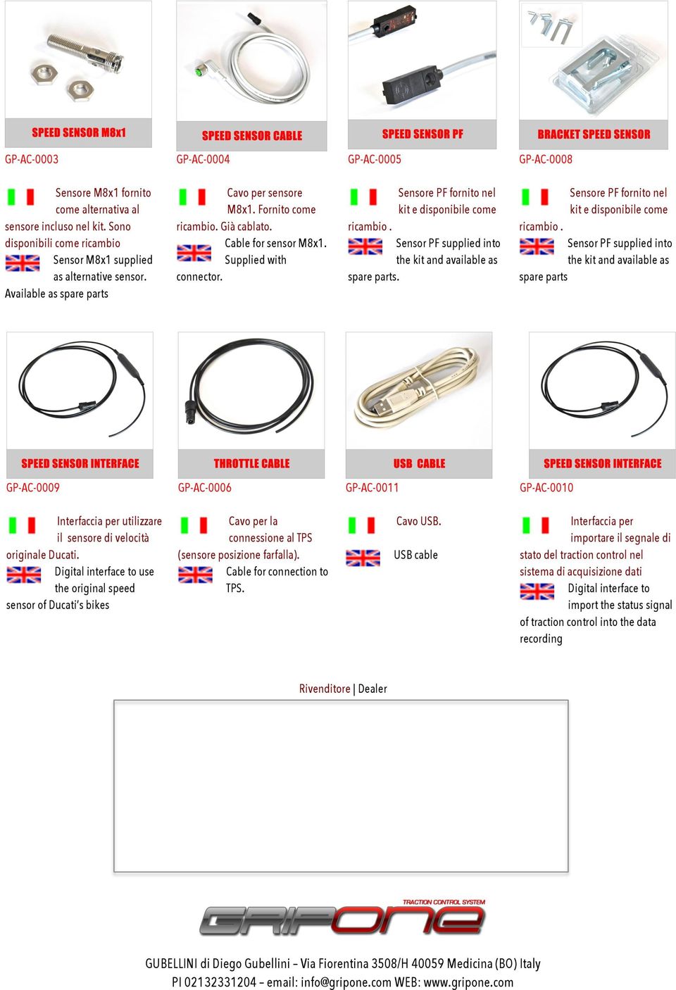 Sensor PF supplied into the kit and available as spare parts. Sensore PF fornito nel kit e disponibile come ricambio.