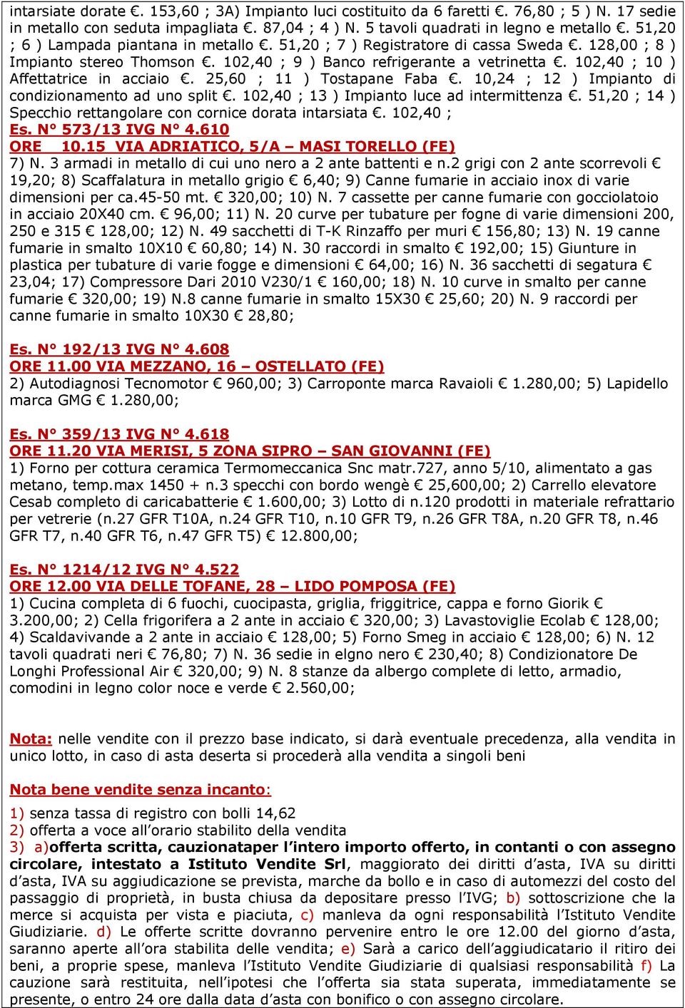 102,40 ; 10 ) Affettatrice in acciaio. 25,60 ; 11 ) Tostapane Faba. 10,24 ; 12 ) Impianto di condizionamento ad uno split. 102,40 ; 13 ) Impianto luce ad intermittenza.