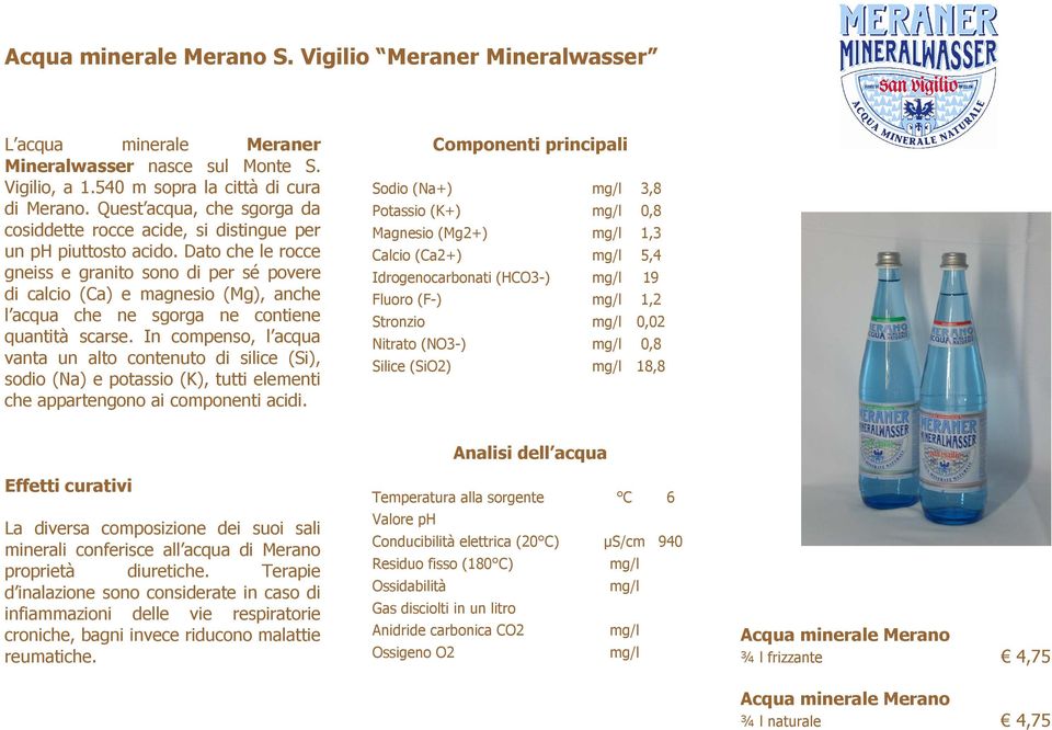 Dato che le rocce gneiss e granito sono di per sé povere di calcio (Ca) e magnesio (Mg), anche l acqua che ne sgorga ne contiene quantità scarse.