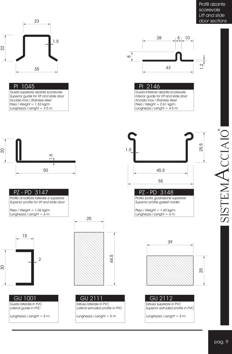 5 m PZ - PD 3 Profilo di battuta laterale e superiore Superior profile for lift and slide door Peso / Weight =.