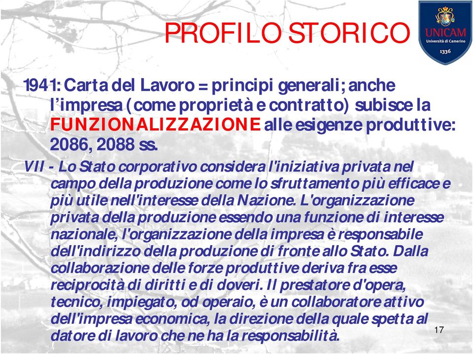 L'organizzazione privata della produzione essendo una funzione di interesse nazionale, l'organizzazione della impresa è responsabile dell'indirizzo della produzione di fronte allo Stato.