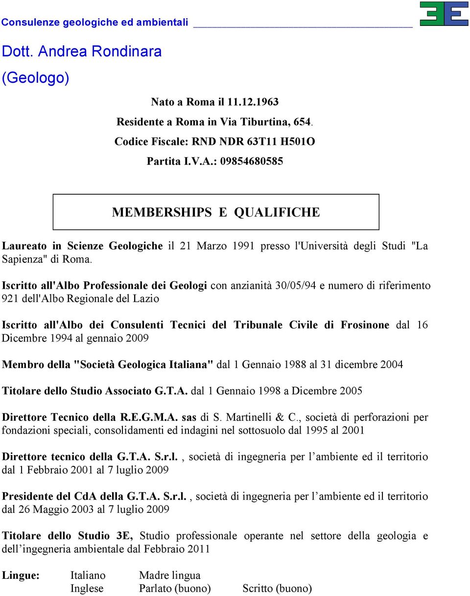 dal 16 Dicembre 1994 al gennaio 2009 Membro della "Società Geologica Italiana" dal 1 Gennaio 1988 al 31 dicembre 2004 Titolare dello Studio As