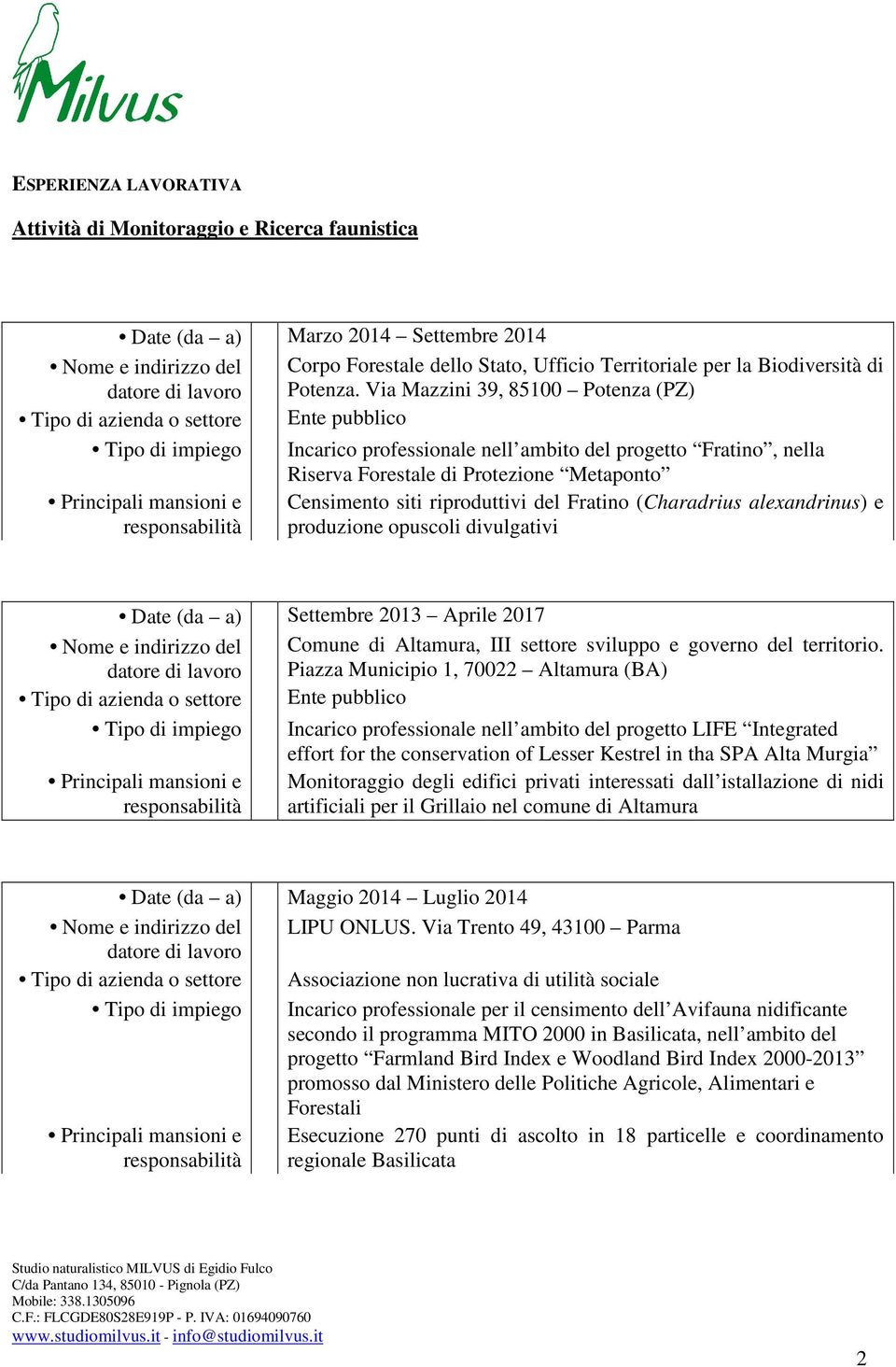 Via Mazzini 39, 85100 Potenza (PZ) Tipo di azienda o settore Ente pubblico Tipo di impiego Incarico professionale nell ambito del progetto Fratino, nella Riserva Forestale di Protezione Metaponto