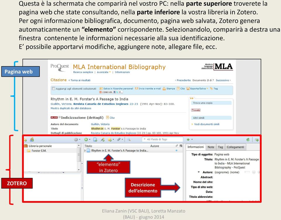 Per ogni informazione bibliografica, documento, pagina web salvata, Zotero genera automaticamente un elemento corrispondente.