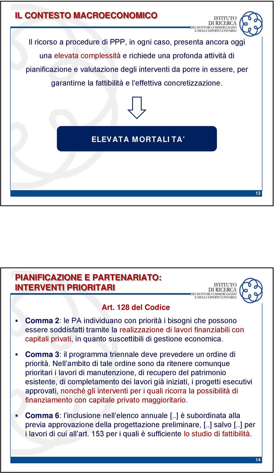 128 del Codice Comma 2: le PA individuano con priorità i bisogni che possono essere soddisfatti tramite la realizzazione di lavori finanziabili con capitali privati, in quanto suscettibili di