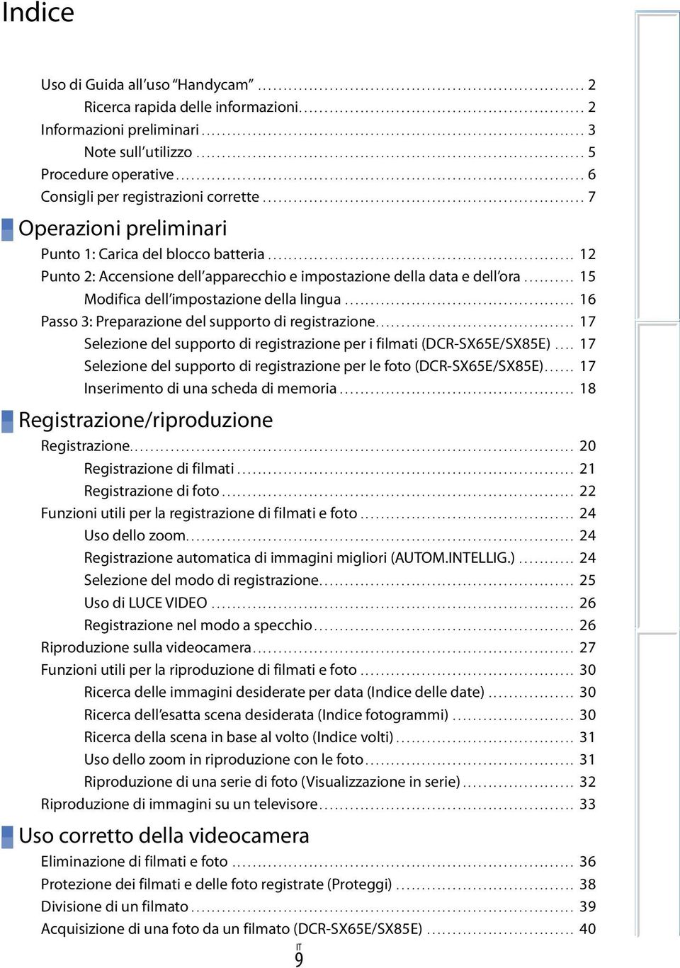 ............................................................................... 6 Consigli per registrazioni corrette................................................................ 7 Operazioni preliminari Punto 1: Carica del blocco batteria.