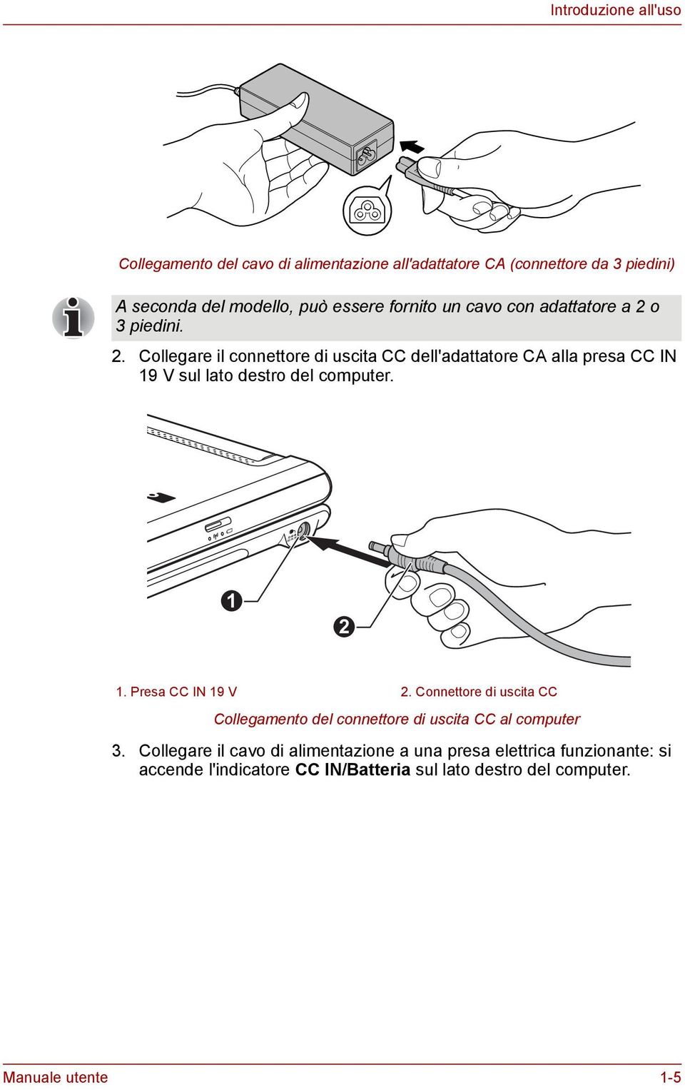 o 3 piedini. 2. Collegare il connettore di uscita CC dell'adattatore CA alla presa CC IN 19 V sul lato destro del computer. 1 2 1.