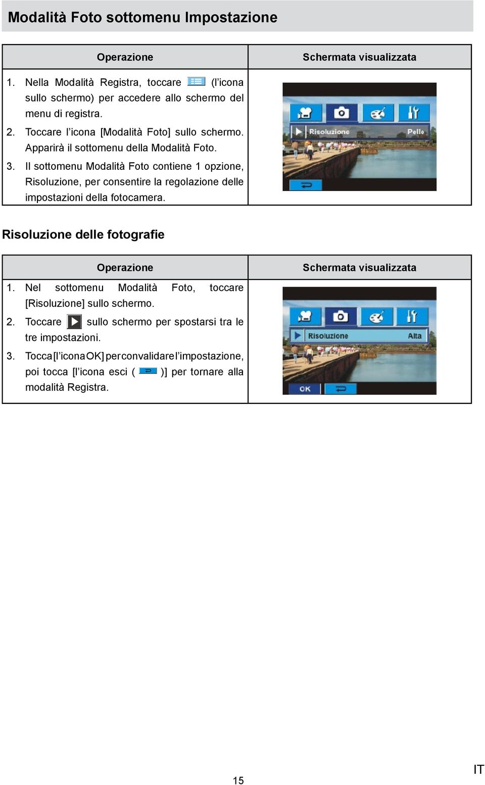 Il sottomenu Modalità Foto contiene 1 opzione, Risoluzione, per consentire la regolazione delle impostazioni della fotocamera. Risoluzione delle fotografie 1.