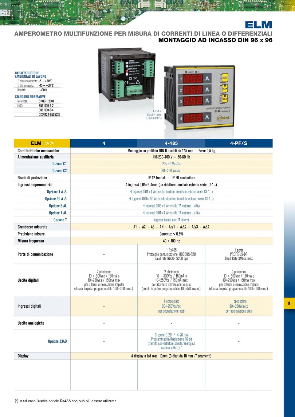 profilato DI 6 moduli da 17,5 mm Peso: 0,5 kg Alimentazione ausiliaria 110230400 V 5060 Hz Opzione C1 20 60 Vca/cc Opzione C2 90 250 Vca/cc Grado di protezione IP 42 frontale IP 20 contenitore