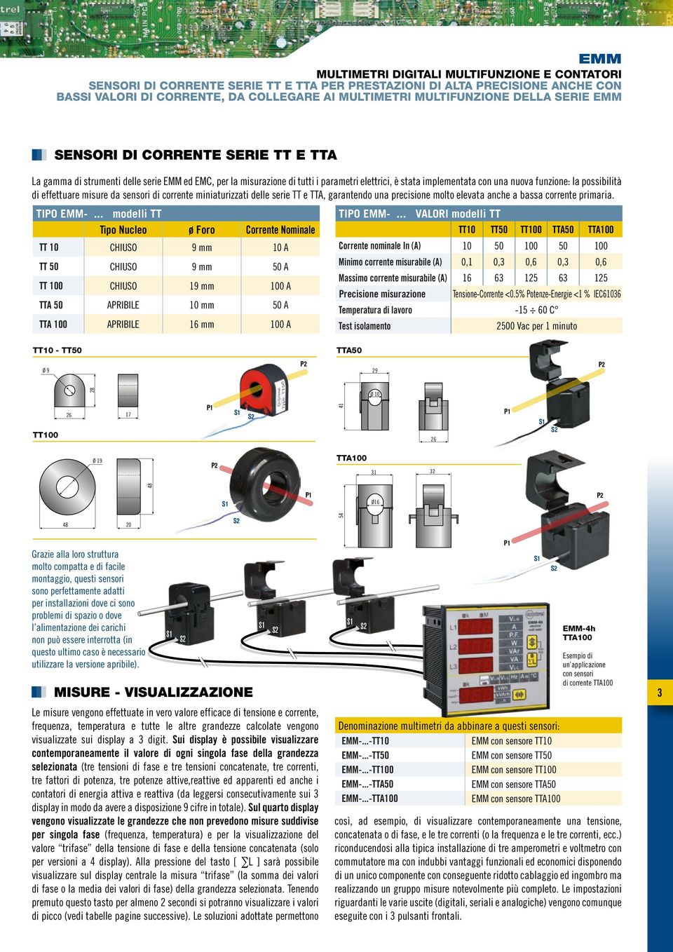 effettuare misure da sensori di corrente miniaturizzati delle serie TT e TTA, garantendo una precisione molto elevata anche a bassa corrente primaria. TIPO EMM.