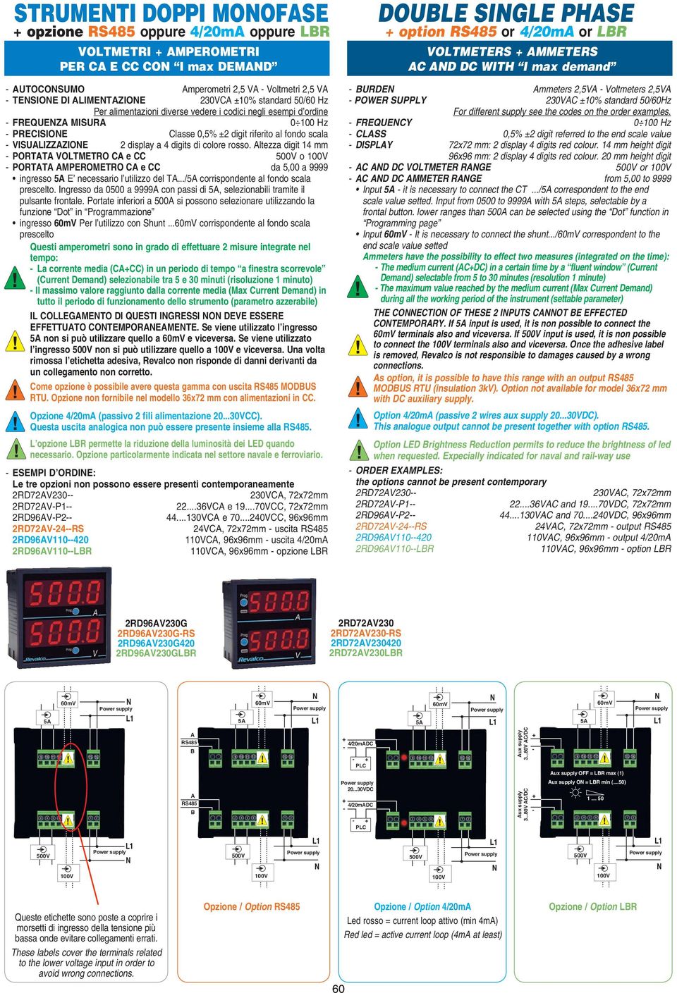 ltezza digit 14 mm - PORTT VOLTMETRO e o - PORTT MPEROMETRO e da 5,00 a 9999 ingresso 5 E necessario l utilizzo del T.../5 corrispondente al fondo scala prescelto.