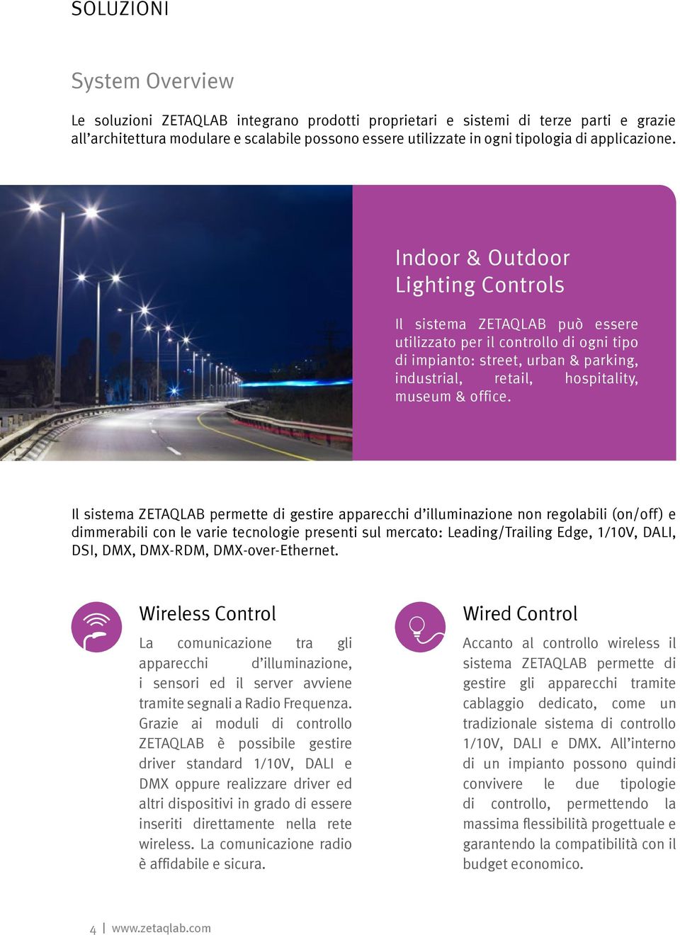 Indoor & Outdoor Lighting Controls Il sistema ZETAQLAB può essere utilizzato per il controllo di ogni tipo di impianto: street, urban & parking, industrial, retail, hospitality, museum & office.