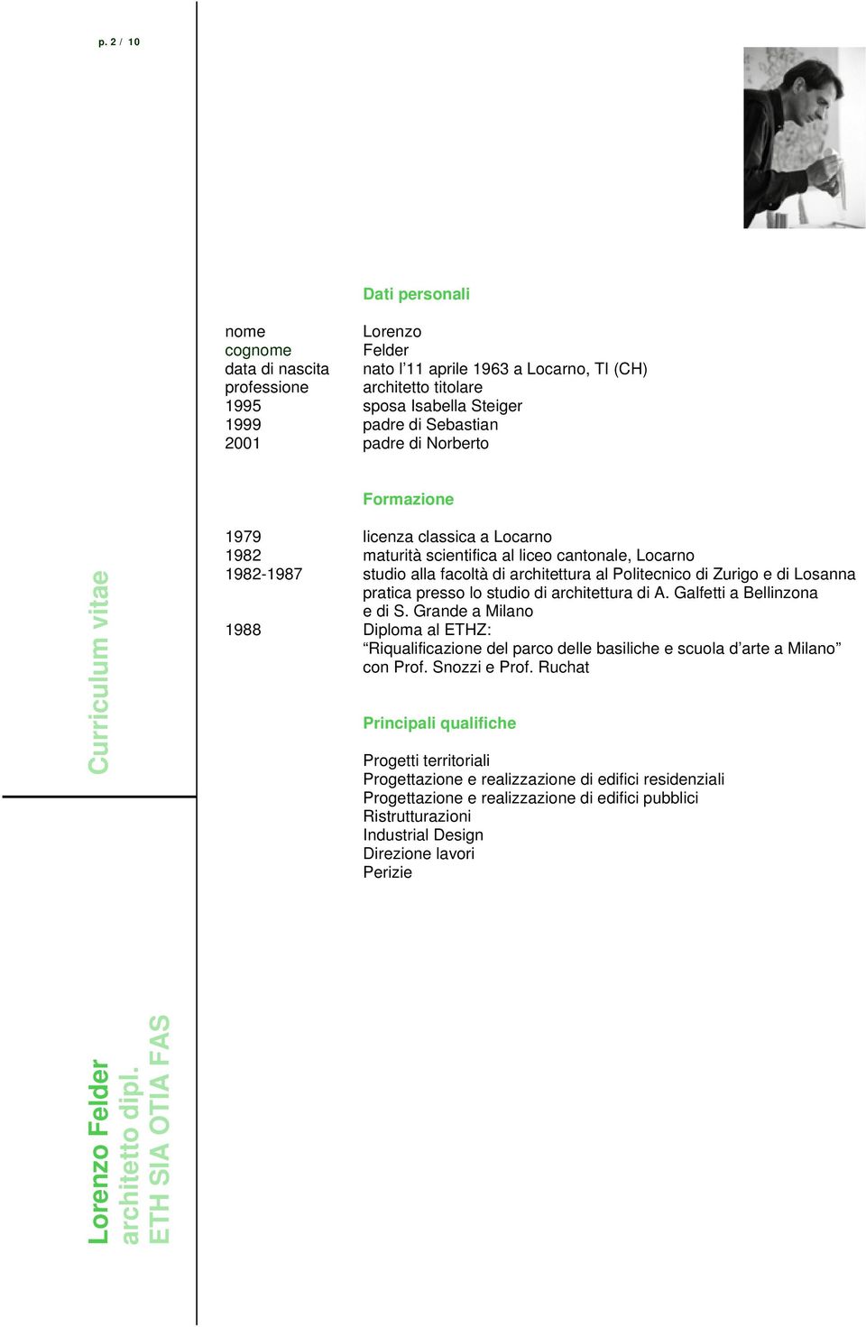 pratica presso lo studio di architettura di A. Galfetti a Bellinzona e di S. Grande a Milano 1988 Diploma al ETHZ: Riqualificazione del parco delle basiliche e scuola d arte a Milano con Prof.