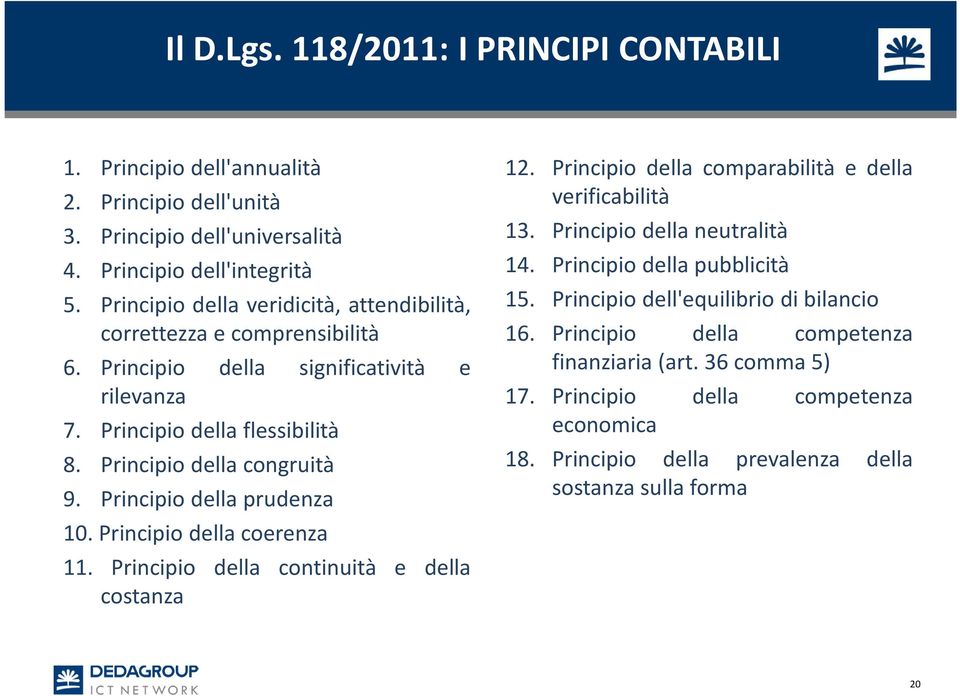 Principio della prudenza 10. Principio della coerenza 11. Principio della continuità e della costanza 12. Principio della comparabilità e della verificabilità 13.