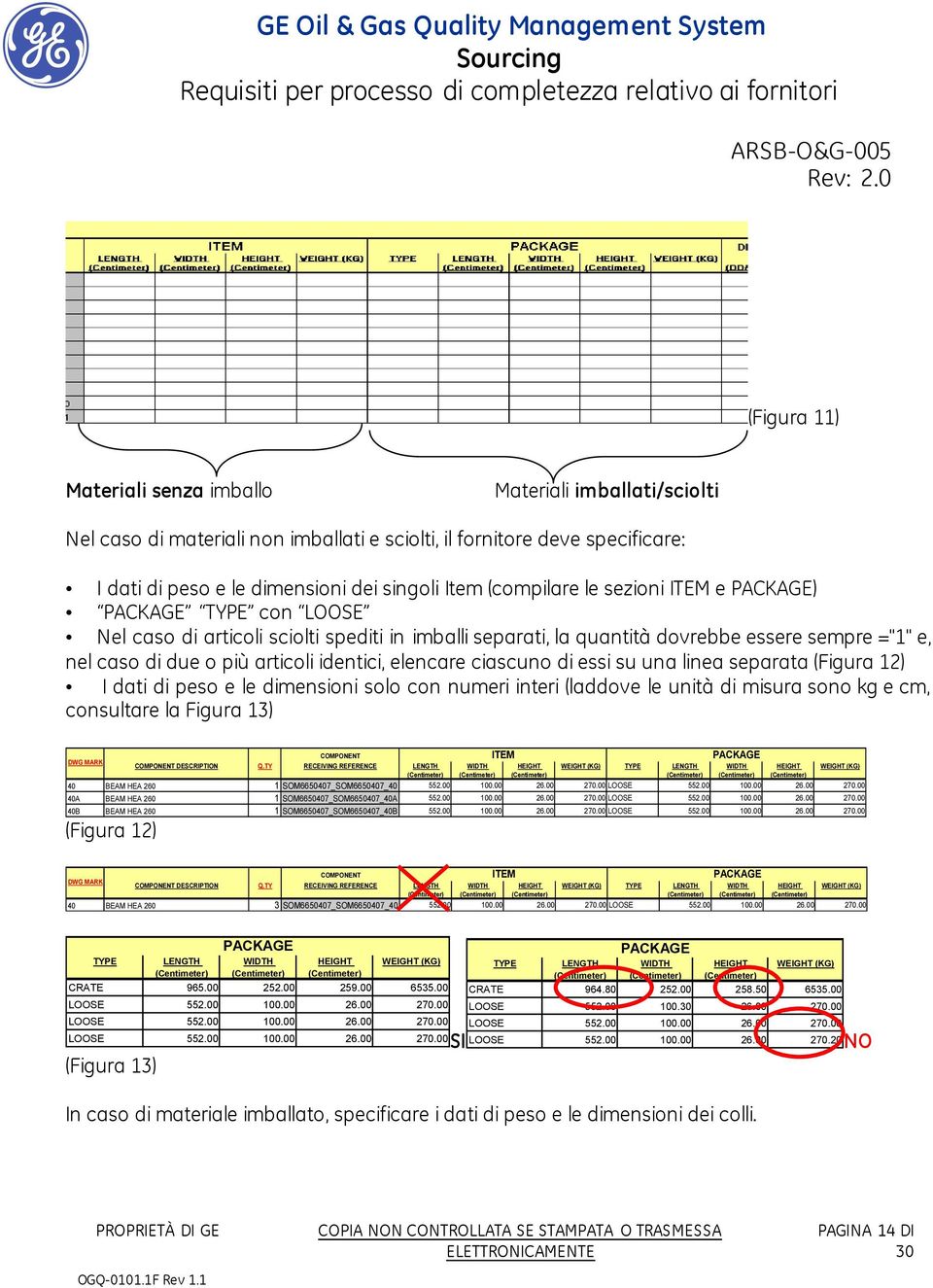 identici, elencare ciascuno di essi su una linea separata (Figura 12) I dati di peso e le dimensioni solo con numeri interi (laddove le unità di misura sono kg e cm, consultare la Figura 13) DWG MARK