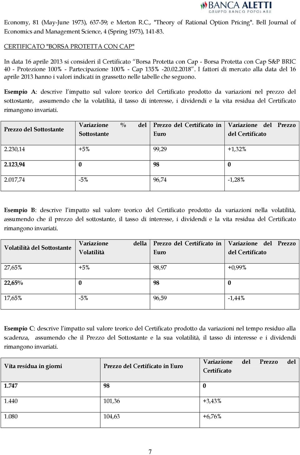 -20.02.2018. I fattori di mercato alla data del 16 aprile 2013 hanno i valori indicati in grassetto nelle tabelle che seguono.