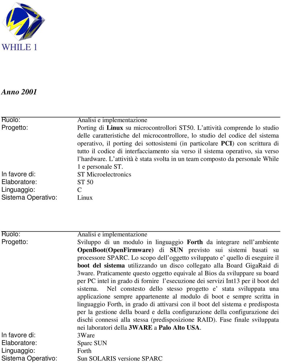 di interfacciamento sia verso il sistema operativo, sia verso l hardware. L attività è stata svolta in un team composto da personale While 1 e personale ST.